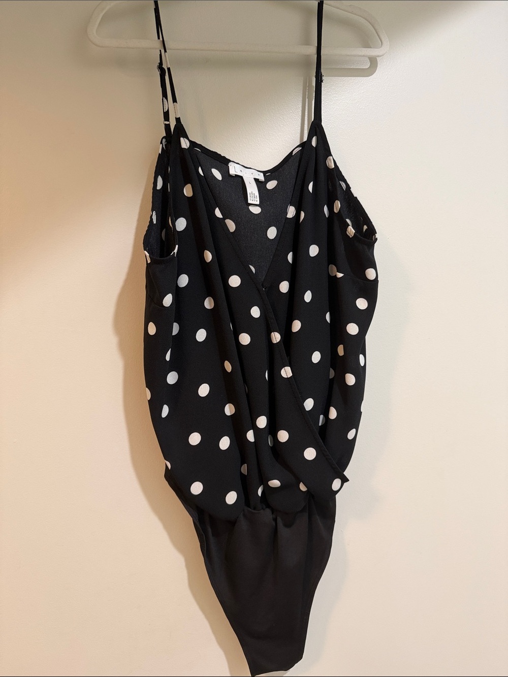 Leith Black and White Polka Dot Wrap-Front Bodysuit size L